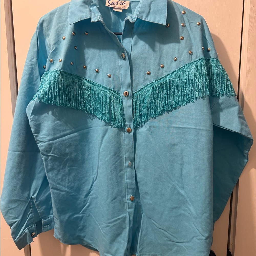 Sas’sa Vintage Women's Blue Button Down Shirt with Fringe
